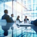 Blurred office interior space background with people working and meeting on table. Business concept.