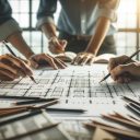 Architectural Team Engaged in Blueprint Analysis in Office Setting. Generative Ai.
